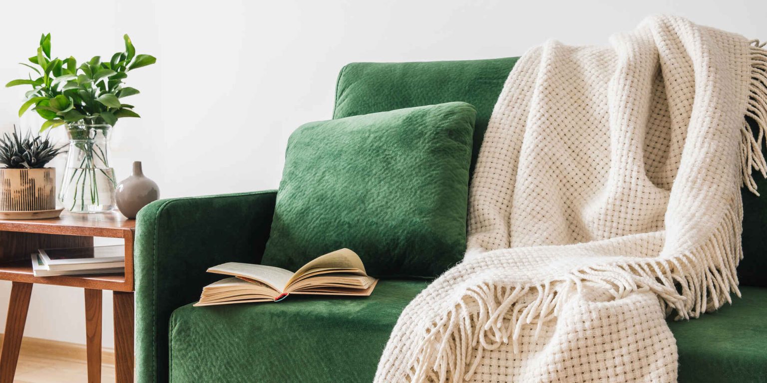 Green Sofa With Pillow and book