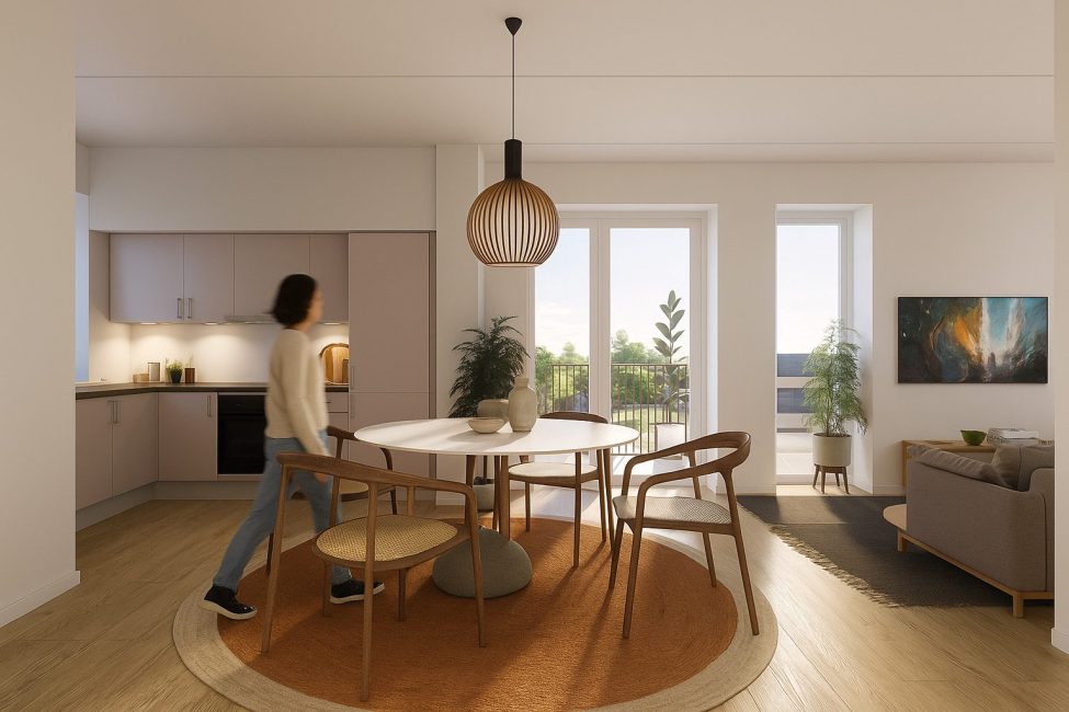 stue med stole og bord, kvinde